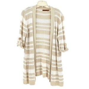 Belldini Women's Crochet Open Front Cardigan Sweater Striped Size Large‎ Beige